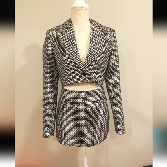 Zara 2pcs set houndstooth crop blazer jacket & skort Tweed textured Medium - Picture 1 of 8